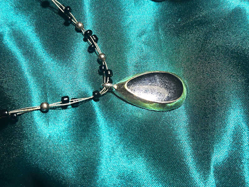 Black & Silver Tone Glass Beaded Necklace, Oval Charm Pendant, Ball/Bead Chain