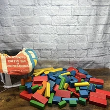 Vintage Playskool Duffle Bag Of Wood Blocks 5 Pounds 117 Blocks