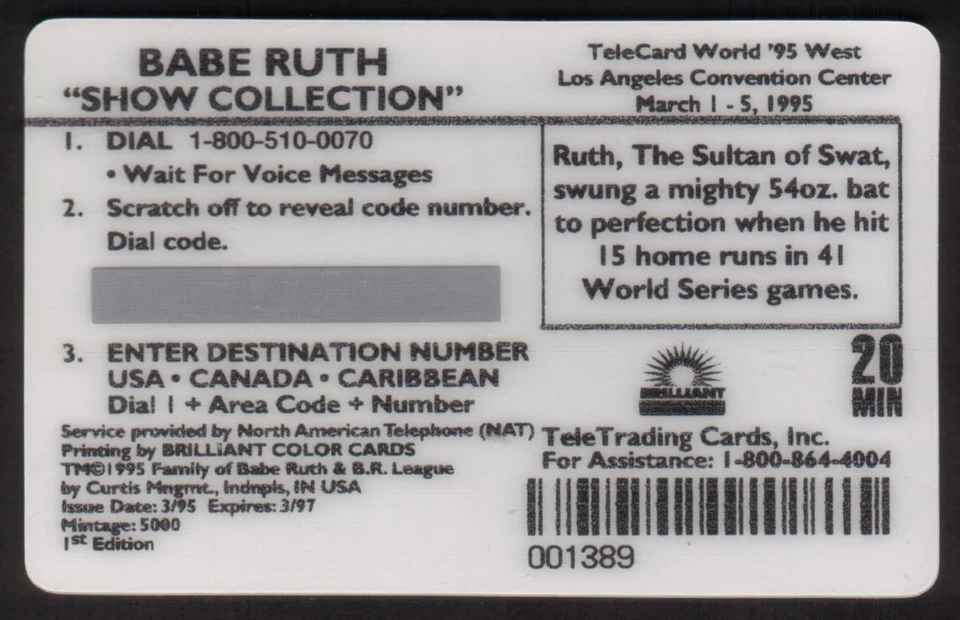 20m Babe Ruth Baseball: Show Collection: babe ruth Swings (Bat Down) Phone Card - Image 2 of 2
