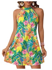 Floerns Women's Sleeveless Floral Print Sundress Halter Neck A Line Short Dress