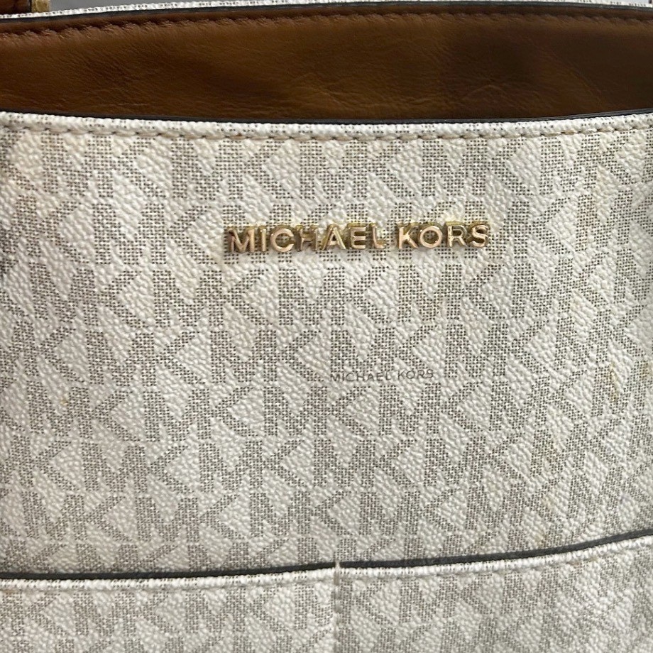 Michael Kors Vanilla MK Monogram Tote Bag Acorn Leather Trim Gold Hardware thumbnail 3