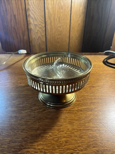 Vtg Divided Depression StarburstGlass Candy Nut Dish inserted in Pedestal Brass