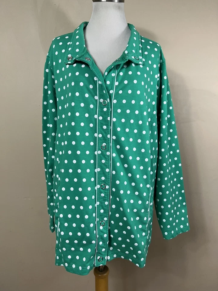 Quacker Factory 2X Jacket Green White Polka Dot Snap Front Pockets Stretch H8 - Image 2 of 4