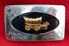 VINTAGE WESTERN BELT BUCKLE  BRASS COVERED WAGON  ETCHED NICKEL SILVER