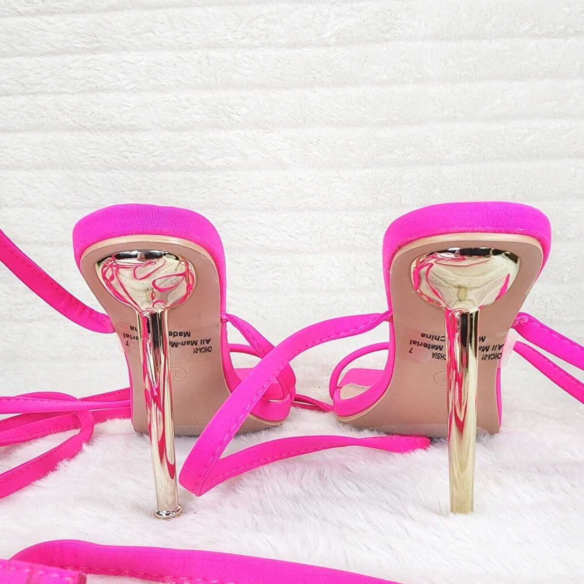Chica Bright Neon Pink Sateen Long Lace Strappy Tie Up High