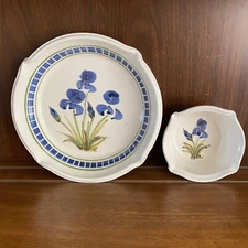 Handmade Chip & Dip Bowls Set of 2 Blue Iris Flower Stoneware Artist Signed