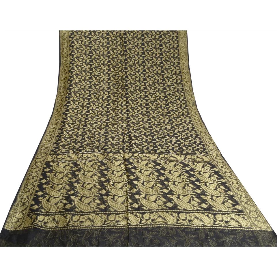 Tecido para artesanato Sari premium tecido de seda mistura Sarees indiano preto vintage sânscrito - Imagem 4 de 4