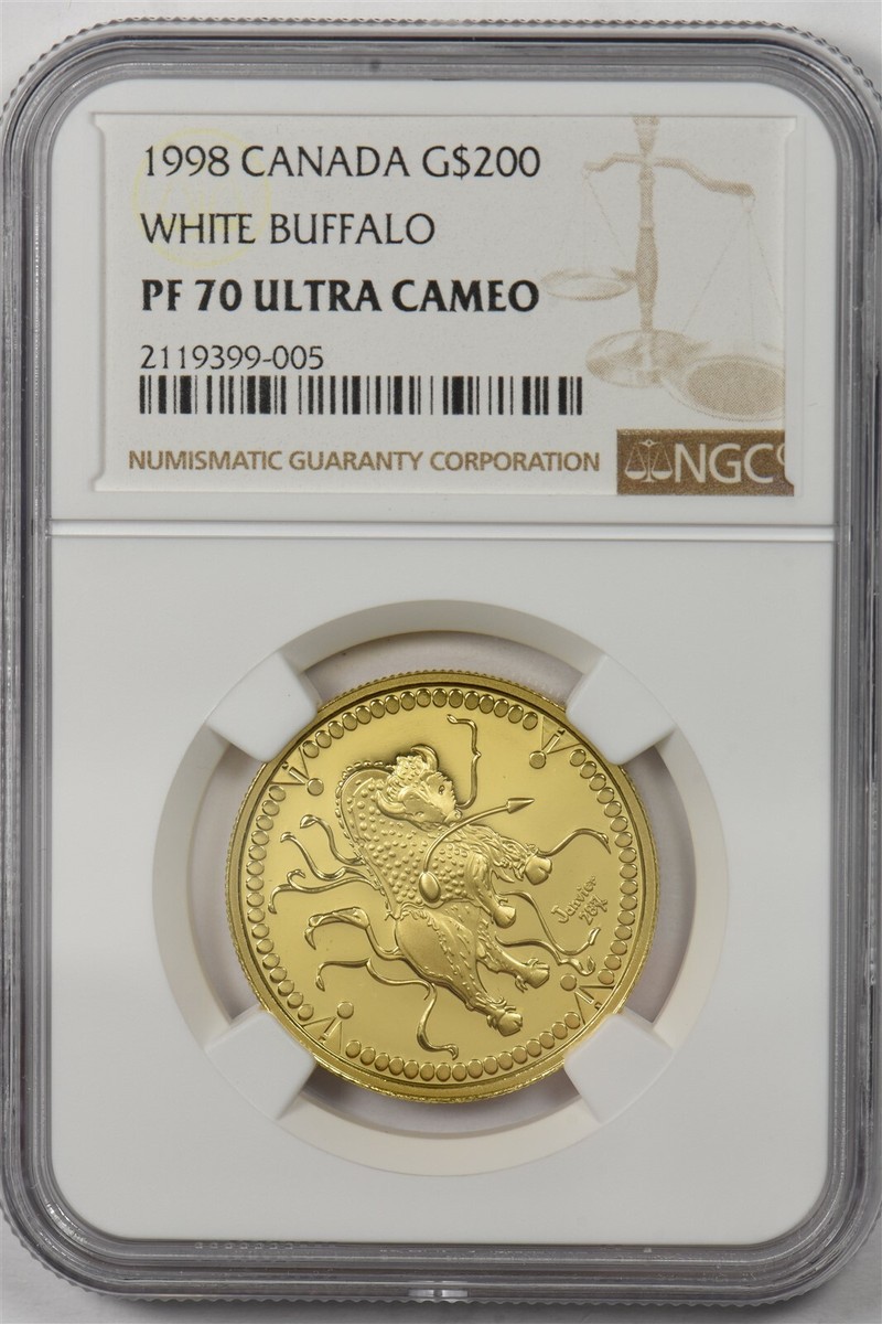 Canada 1998 $200 gold NGC Proof 70UC White buffalo. 0.5oz gold