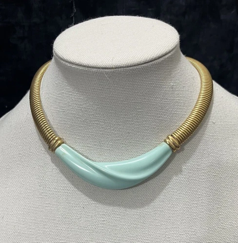 Vintage Chunky Gold & Turquoise Collectible Costume Jewelry Collar Necklace