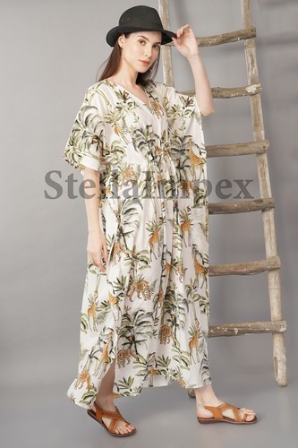 Trendy Handmade Cotton Kaftan Elegant White Leopard Print Long Caftan Beach Wear - Picture 3 of 6
