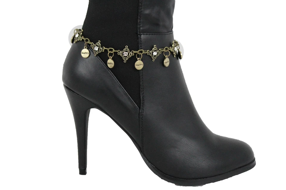 Pulseira bota corrente metal ouro antigo feminino sapato feliz charme bling bead - Imagem 4 de 4