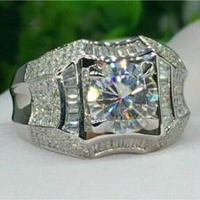14K White Gold Plated 2 Ct Round Cut Moissanite Men's Solitaire Engagement Ring