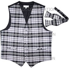 New Vesuvio Napoli Men's plaid Tuxedo Vest Waistcoat Self Tie Bowtie Gray prom