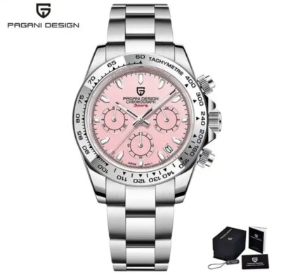 PAGANI DESIGN New Stainless Steel Bezel Men Quartz Wristwatches Sapphire PINK