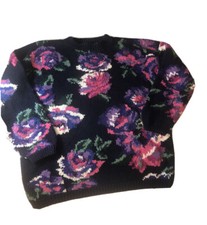 VTG 80  s Purple Floral Knit Sweater M Jumper Chunky Cotton Cottage Core Pullover