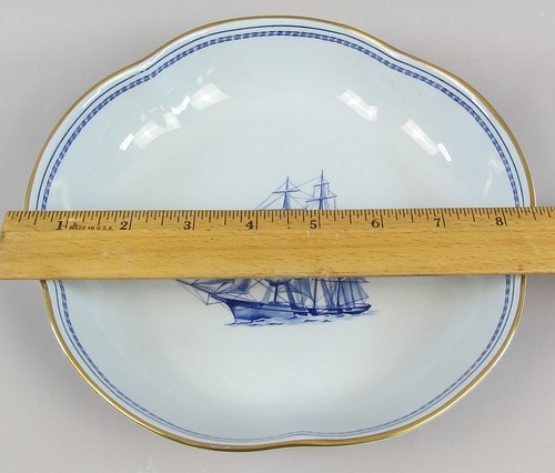 Spode Trade Winds Blue Ship Scalloped Gold Trim Bowl 8" Black Stamp - Picture 2 of 7