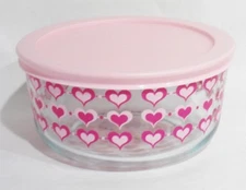 PYREX 4 Cup SMITTEN LOVE Valentine STORAGE BOWL 3-Rows Pink Red Inlaid Hearts