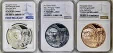3 Mongolian Falcon Coins 2023 1oz .999 2oz Black and 50g Copper NGC PF70 UC