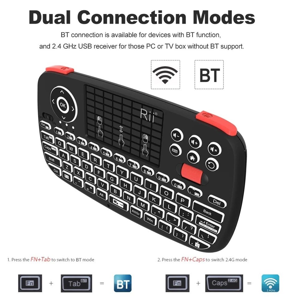 Rii i4 Mini Bluetooth Wireless Keyboard With Touchpad 2.4GHz Backlit Mouse - Image 3 of 4