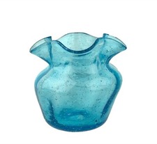 Small Mouth Blown Blue Art Glass Mini Pot Vase Ruffled Neck Bubbles 2.5"