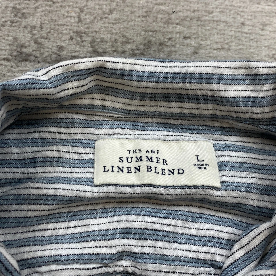 Abercrombie & Fitch Summer Linen Shirt Large Blue White Camp Hickory Johnny Mens - Image 3 of 4