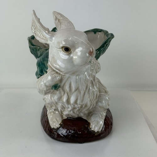 Large White Rabbit Ceramic Planter Flower Pot Vintage Bunny Sculpture Cabbage - Picture 3 of 14