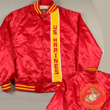 Vintage Marines Jacket Mens Medium Red Satin Bomber Snap USA Made FRONT BACK