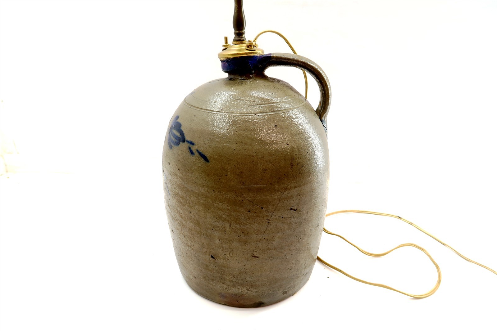 Vintage Blue Decorated Stoneware Handled Jug Table Lamp 28" Tall AS-IS CONDITION