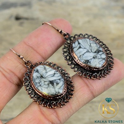 Copper Oval Pinolith Jasper Stone Dangling Electroformed Anniversary Earrings