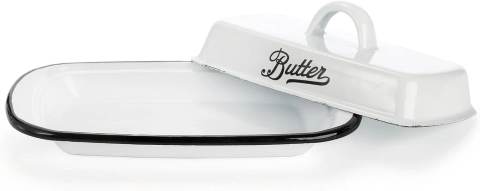 Enamel Butter Dish with Lid, Vintage Enamelware White Butter Tray Black Rim Butt - Image 3 of 4