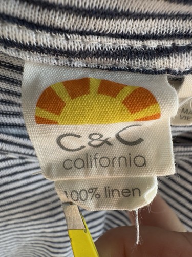 C&C California Striped Linen T-Shirt Women's S V-Neck Short Sleeve Nautical - Picture 2 of 7