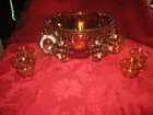 Vtg Iridescent Amber Carnival Glass Punch Bowl Set & 12 Cups -  Grapes & Leaves