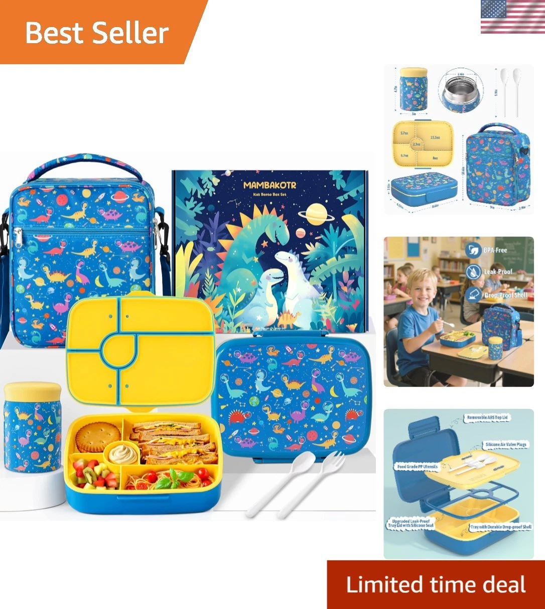 Kids Bento Lunch Box Set with Leak-Proof Containers Insulated Bag and Utensils