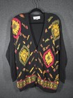 Vtg Melbourne Elements Knit Cardigan Sweater Black Colorful Geometric Size L