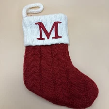 Letter M Knit Monogram Red and White 7” Miniature Stocking Embroidered Initial