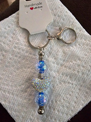 Handmade Silver/Blue Beaded Rhinestone Heart Key Chain, Detachable, Women