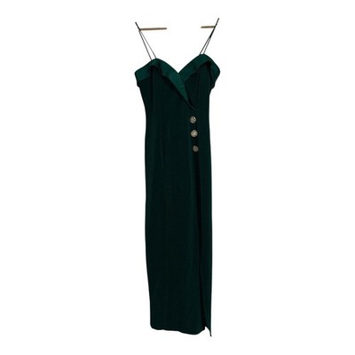 Vintage Deep Green Spaghetti Strap Maxi Dress with Gold Buttons