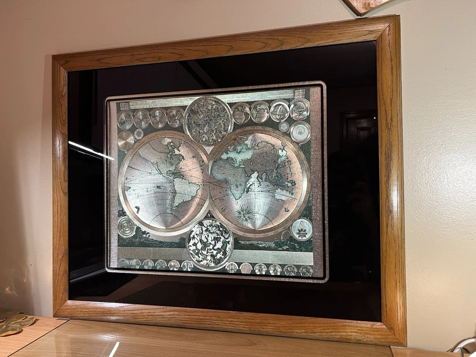 Vintage Framed Double Hemisphere World Map Wall Art – Latin Text – 31”x25” - Image 2 of 4