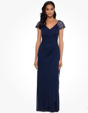 Xscape Women's Navy Blue Chiffon Elegant Gown Lace Sleeve Dress Size 14