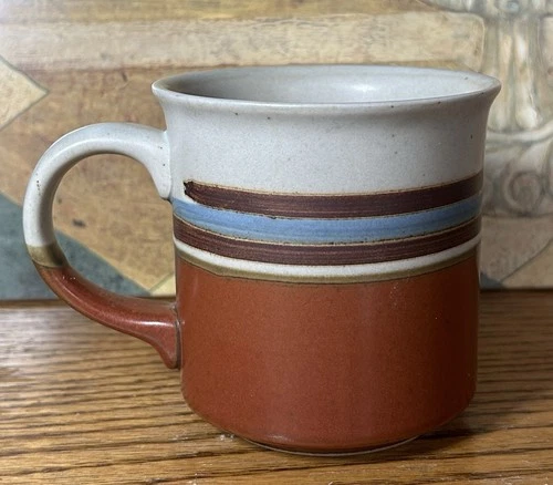 MIRAGE Coffee Mug 10 Oz Otagiri Japan Vintage Stoneware Pottery Rust Blue Band