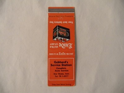 New Vienna Iowa automotive gas service station Exide Batteries low # matchbook