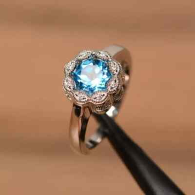 2ct Lab-Created Engagement Ring Topaz Milgrain Floral Halo White Gold Plated