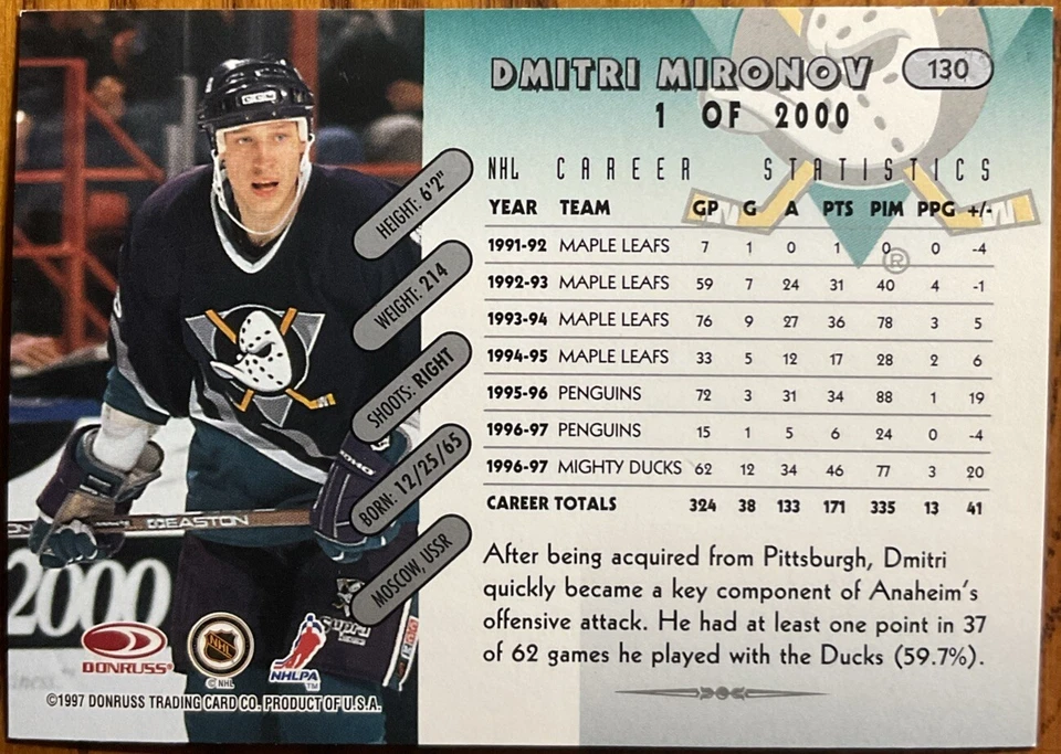 1997-98 Donruss Press Proofs Silver Dmitri Mironov #130 #’d /2000 - Image 2 of 2