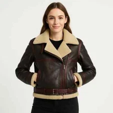 Women B3 Aviator Bomber Jacket Fux Fur Shearling Sheepskin Leather RAF StyleCoat