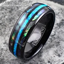 8mm Black Tungsten Carbide Abalone Hawaiian Blue Opal Men's Wedding Band Ring