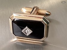 Vintage Single Gold-tone Black Onyx  Diamond Cuff Link by Correct ONLY ONE J56