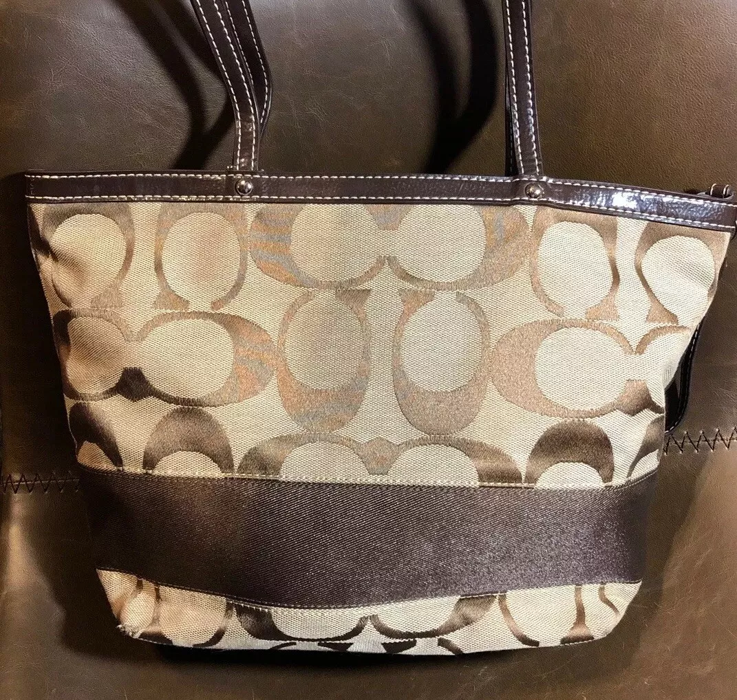 Coach Tan and Brown Signature Stripe Tote