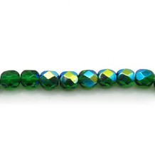 Green Emerald AB - 50 6mm Round Faceted Czech Glass Fire Polish Beads