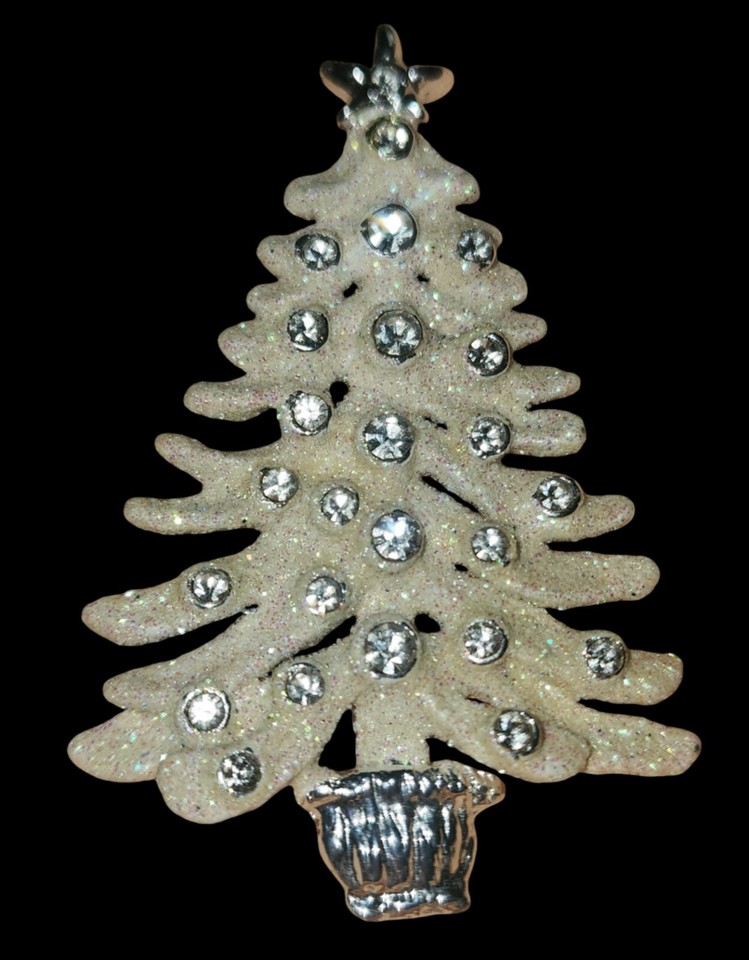 Vintage Christmas Tree Brooch Frosted Silver tone Crystals Accent eBay