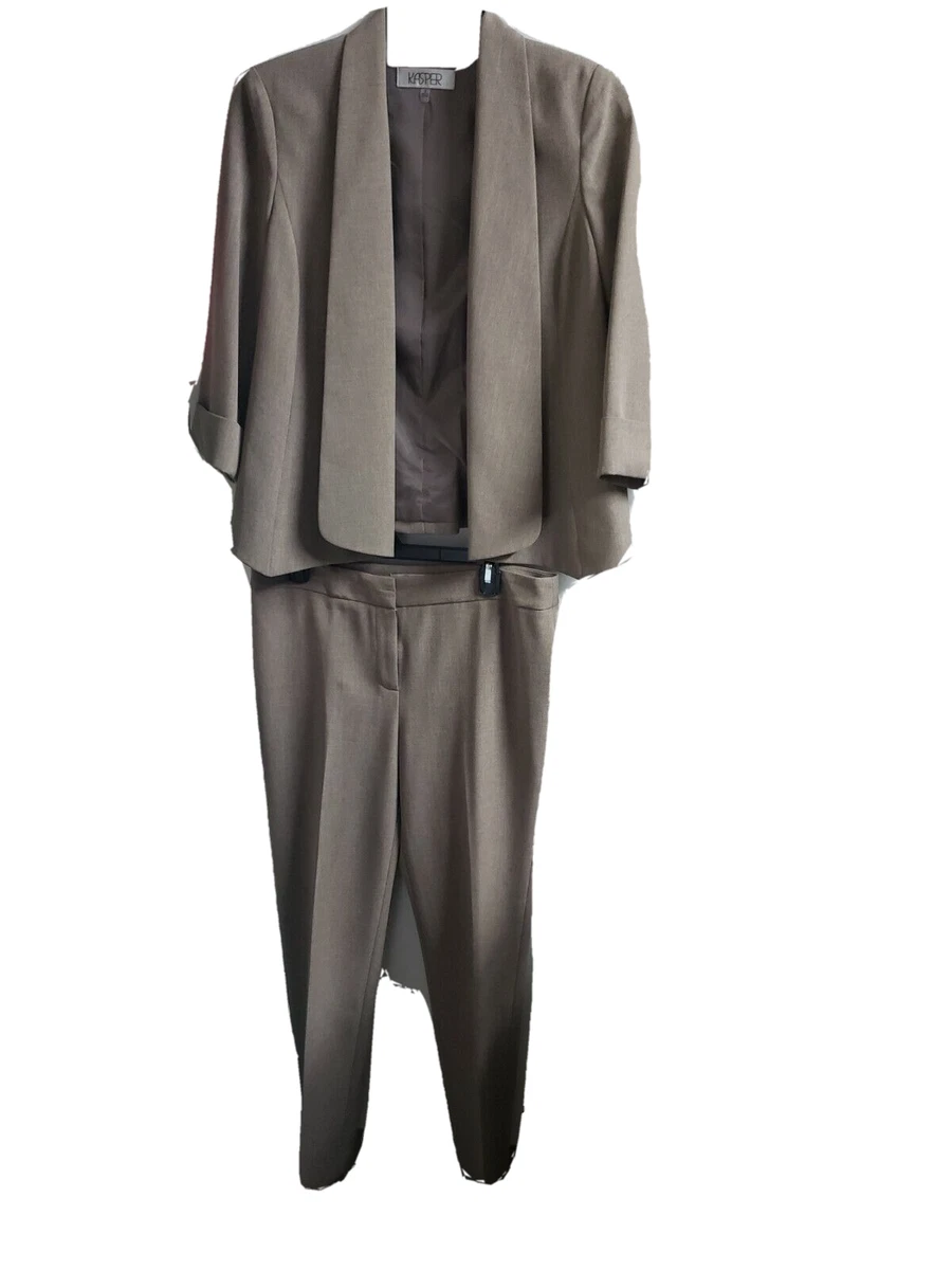 Kasper Women 2pc Lined Jacket & Pant Suit 8 Taupe Brown Kristy Slim Fit  #LTCH